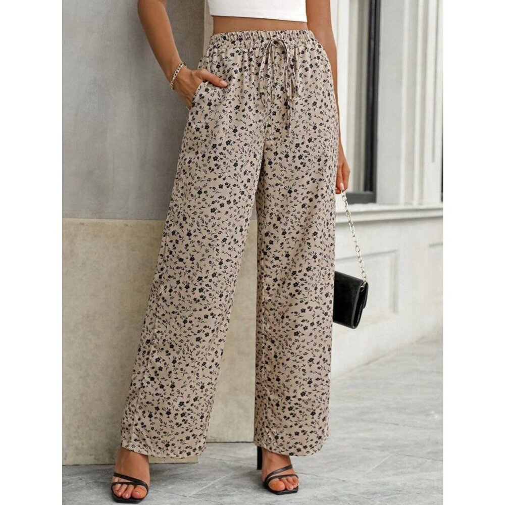 SHEIN Lune Floral Print Capir/Cropped Pants w/ Pockets Tie Waist Wide Leg Size L